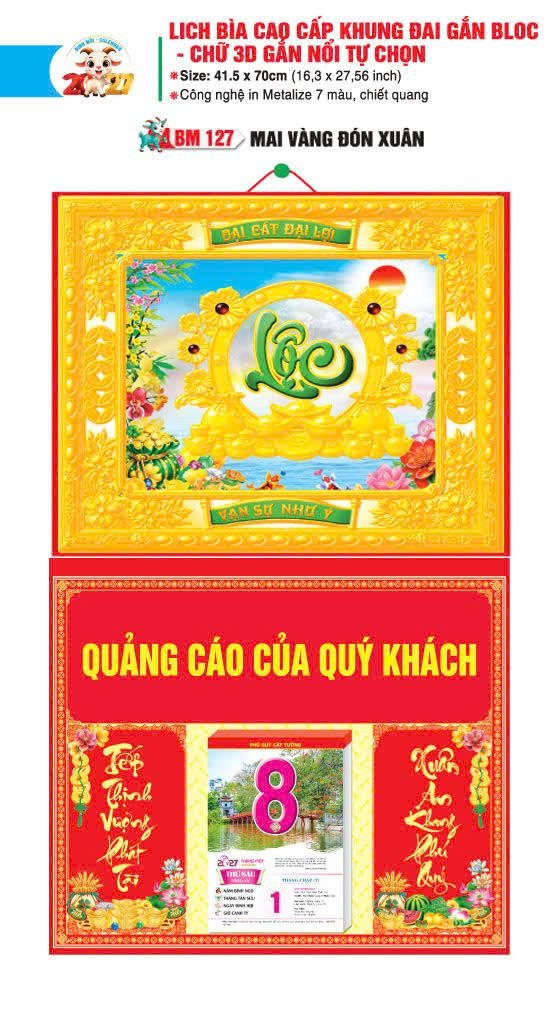 Bìa Lịch Treo Khung Đại Gắn Bloc BM 2027 BM127 - Mai Vàng Đón Xuân - Quà Tặng Tech