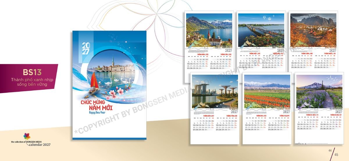 Lịch 7 Tờ Lò Xo 2027 Bông Sen BS23 Quà Tết Doanh Nghiệp Công Nghệ Hiện Đại